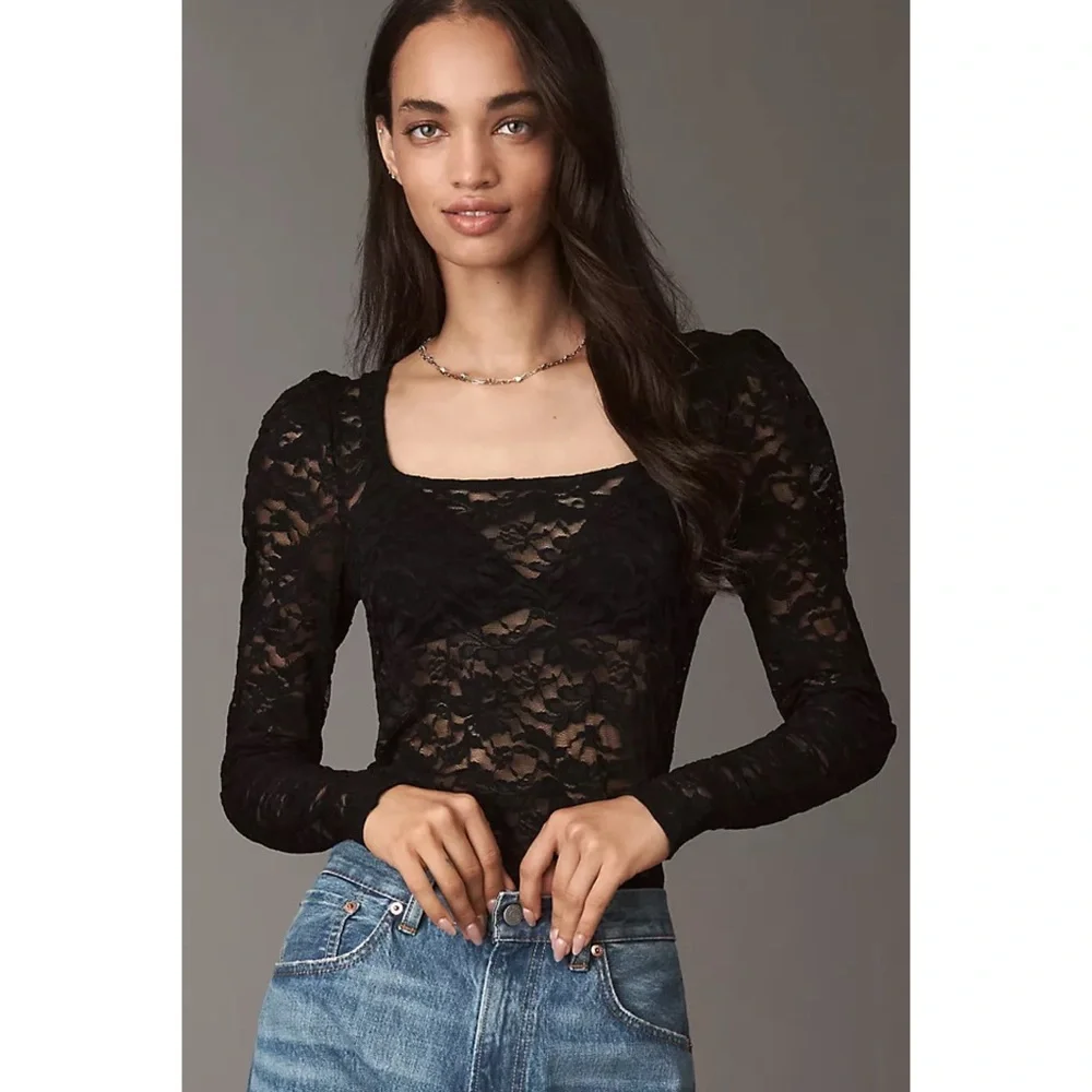 Anthropologie Puff-Sleeve Sheer Lace Top Blouse in Black Onyx Size S NWT